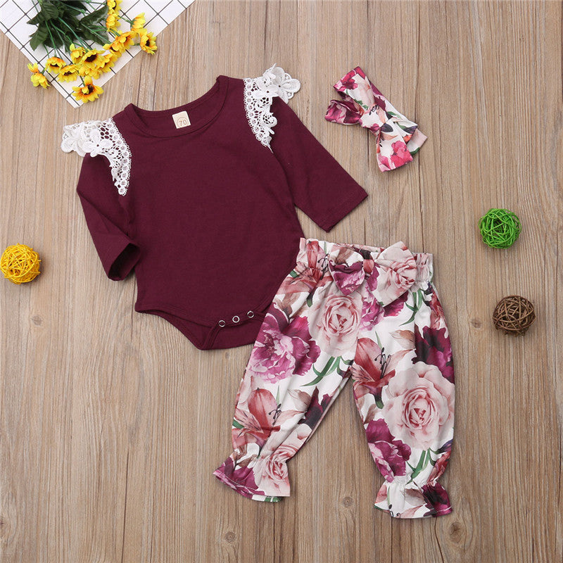 Hot Newborn Baby Girl Set Long Sleeve Lace Tops Romper Floral Pants Leggings 3Pcs Outfit Clothes - ebowsos