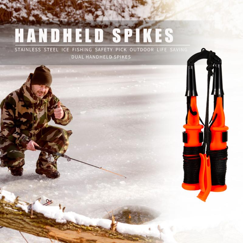 Hot Sale Outdoor Stainless Steel Ice Fishing Safety Pick Double Handheld Spike w/ Lanyard Fishing Tackle Tool Supplies-ebowsos