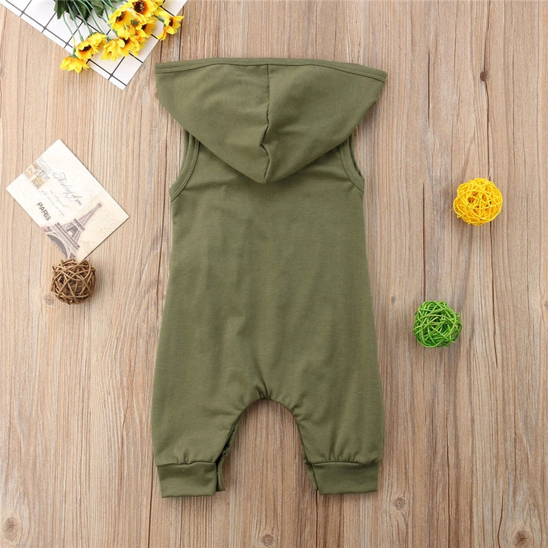 Hot Selling Lovely Baby Boys Sleeveless Rompers Army Green Hooded Rompers For Newborn Baby Boys Casual Jumpsuit Outfit Clothes - ebowsos