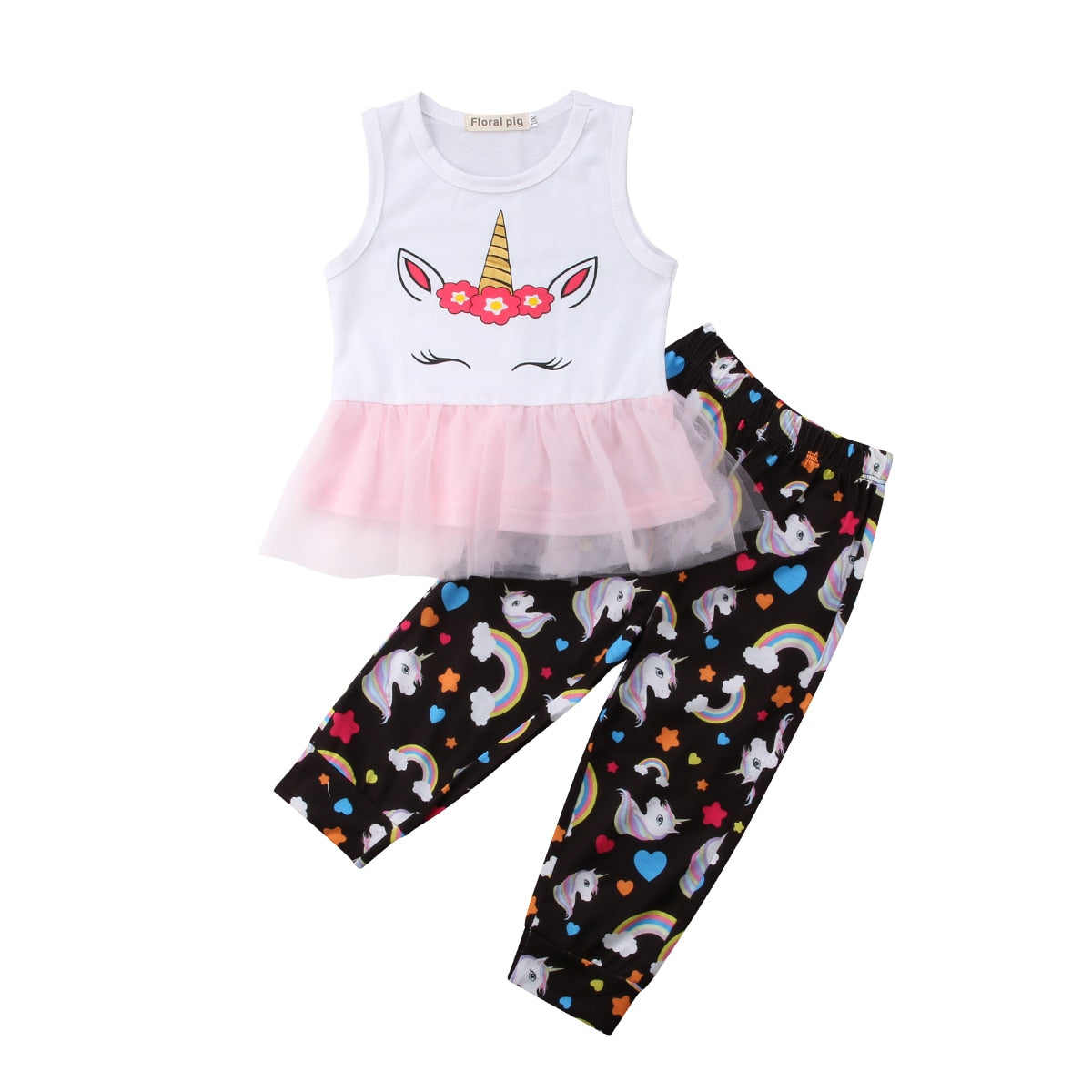 Hot Summer unicorn Cartoon Infant Newborn Clothes Baby Kids Girls Sleeveless Dress Tops+Cartoon Cotton Pants Outfit Clothes - ebowsos