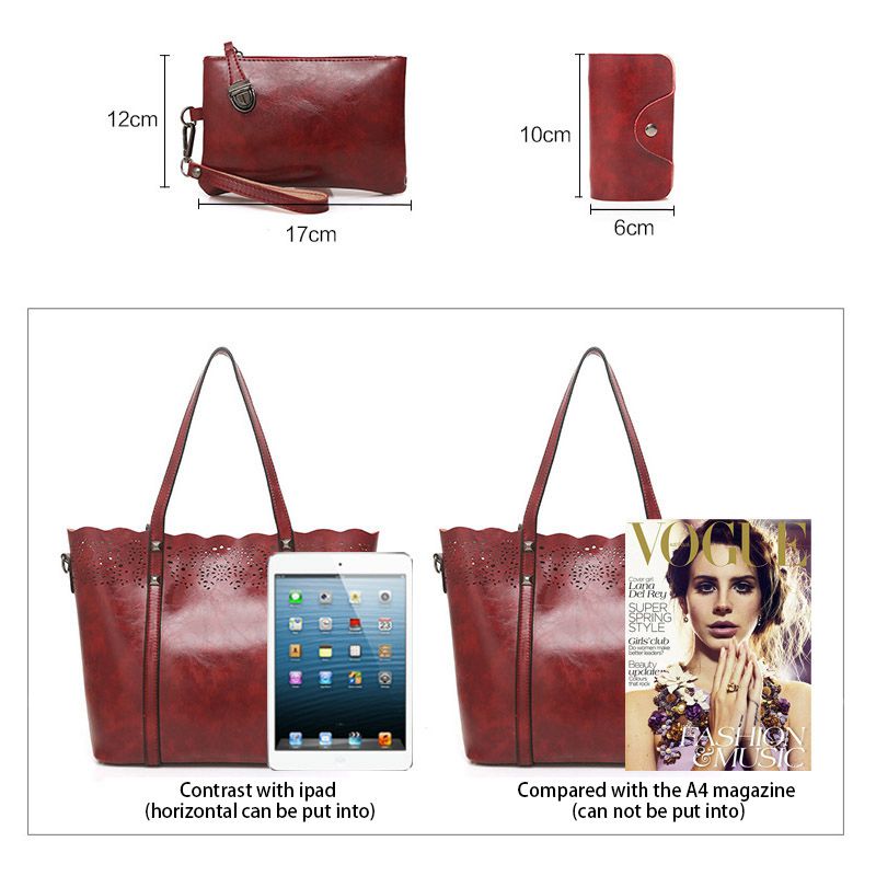 Hot sale Composite Bag set hollow out totes women handbags high quality women's messenger bags(Red wine) - ebowsos