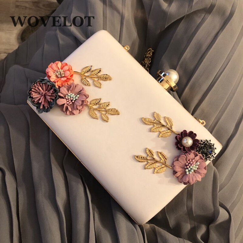 Hot sale Fashion Women Leather Evening Bag Dinner Party Lady Wedding Flower Clutch Purse(white) - ebowsos