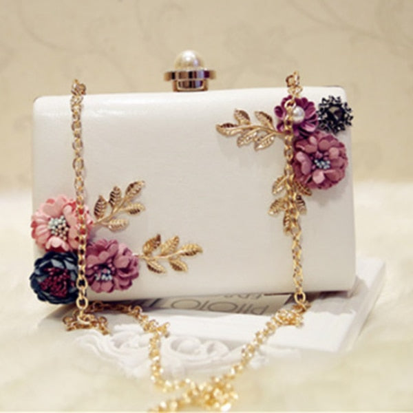 Hot sale Fashion Women Leather Evening Bag Dinner Party Lady Wedding Flower Clutch Purse(white) - ebowsos