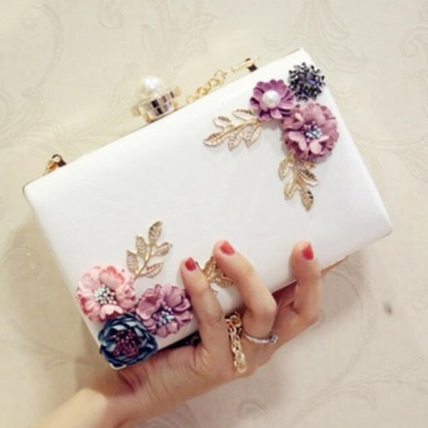 Hot sale Fashion Women Leather Evening Bag Dinner Party Lady Wedding Flower Clutch Purse(white) - ebowsos