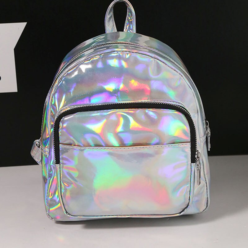 Hot sale Hologram Laser-Backpack School Bag Rainbow Colorful PU+Laser-Silver - ebowsos