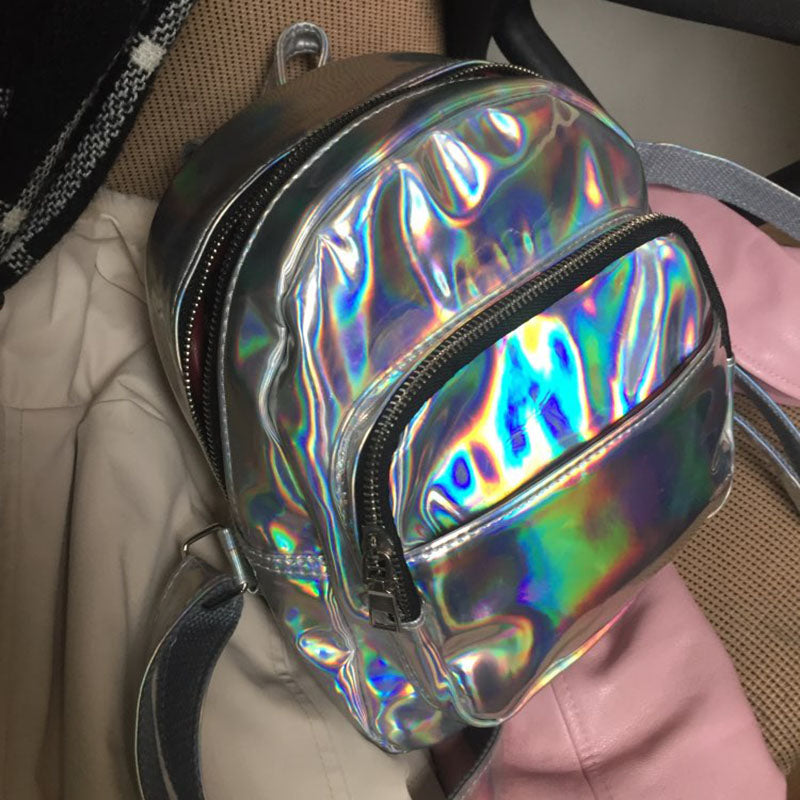 Hot sale Hologram Laser-Backpack School Bag Rainbow Colorful PU+Laser-Silver - ebowsos