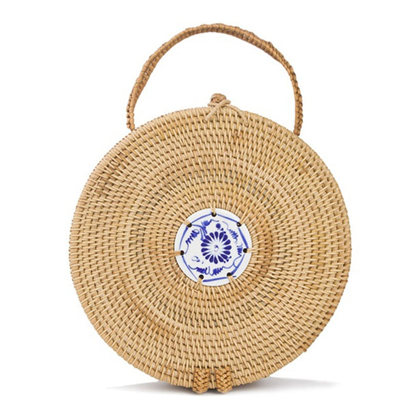 Hot sale Mini Circle Rattan grass Bags Handmade High Quality Beach Handbags for Women Summer Travel Rattan Tote Knitted Hand B - ebowsos