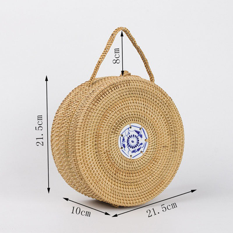 Hot sale Mini Circle Rattan grass Bags Handmade High Quality Beach Handbags for Women Summer Travel Rattan Tote Knitted Hand B - ebowsos