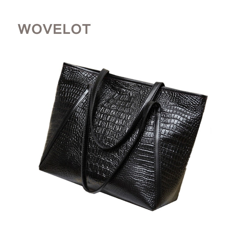 Hot sale New fashion casual glossy alligator totes large capacity ladies simple shopping handbag PU leather shoulder bags BlacK - ebowsos