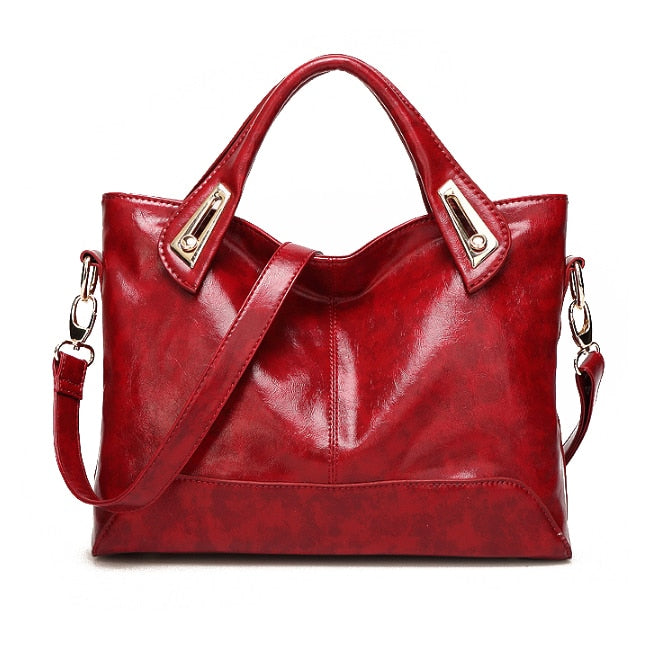 Hot sale Women Oil Wax PU Leather Handbags High Quality Shoulder Bags Ladies Handbags Fashion PU leather women bags(Red wine) - ebowsos