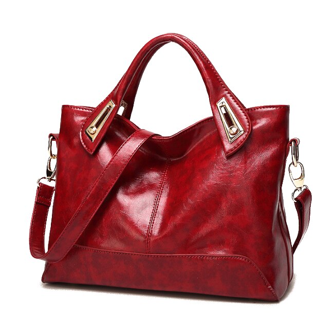 Hot sale Women Oil Wax PU Leather Handbags High Quality Shoulder Bags Ladies Handbags Fashion PU leather women bags(Red wine) - ebowsos