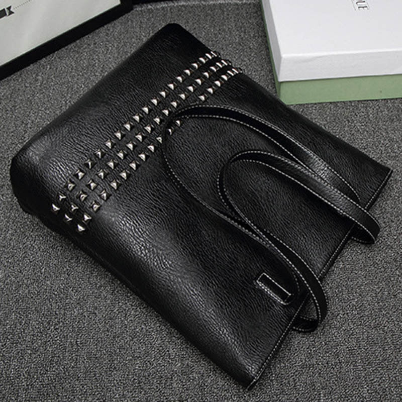 Hot sale Women PU Leather Female Handbag Autumn Bag Large Size Women Shoulder Bag Daily Vintage Bag Causal Rivet Bag(Black) - ebowsos