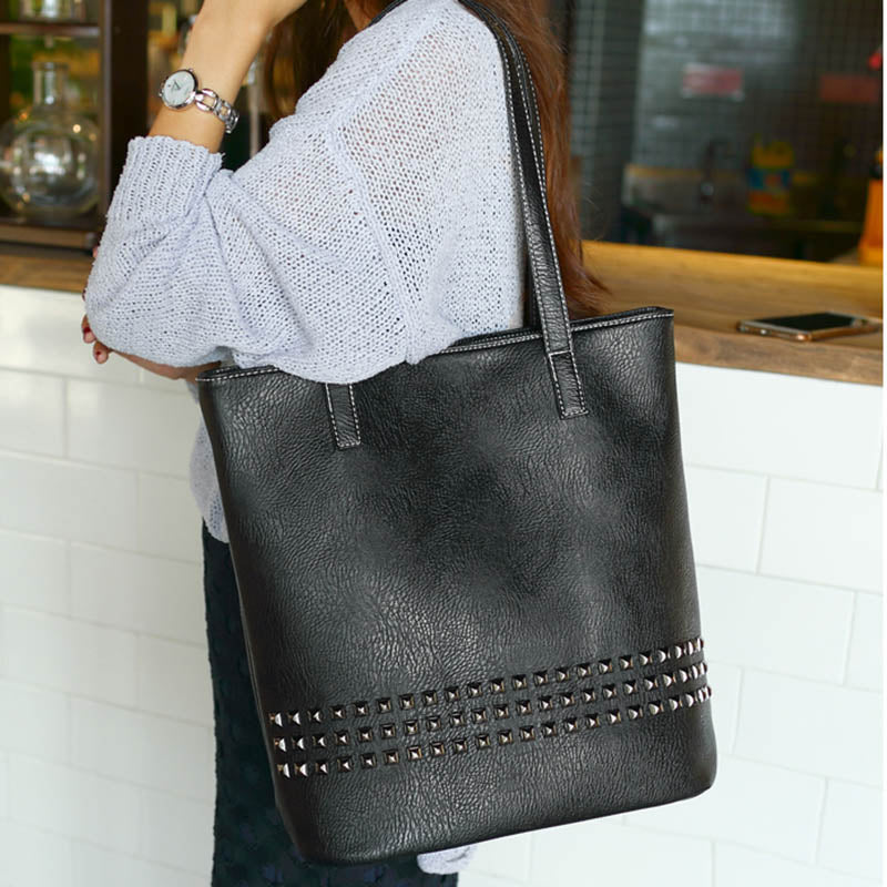 Hot sale Women PU Leather Female Handbag Autumn Bag Large Size Women Shoulder Bag Daily Vintage Bag Causal Rivet Bag(Black) - ebowsos