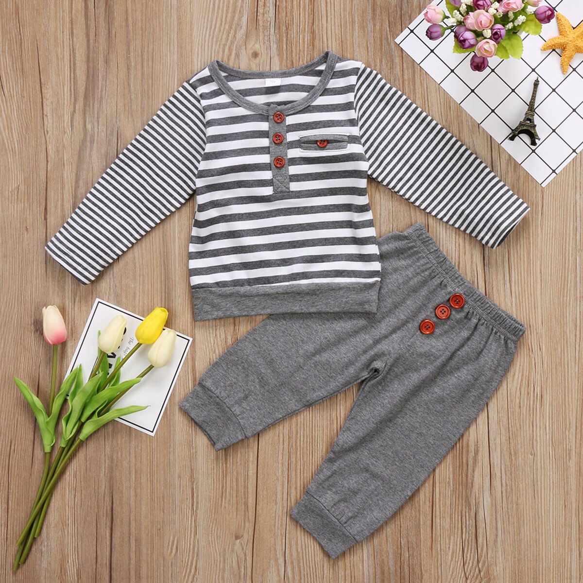 Infant Baby Boy Girl Striped Top Cotton Long Sleeve T-Shirt Warm Pants Outfit Set Clothes 2Pcs - ebowsos