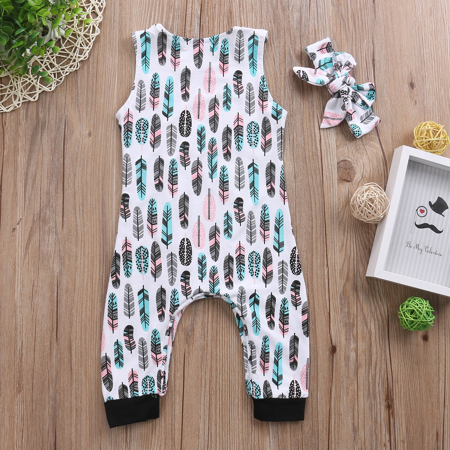 Infant Baby Boys Girls Feather Romper  Jumpsuit Headband Outfit Playsuit - ebowsos