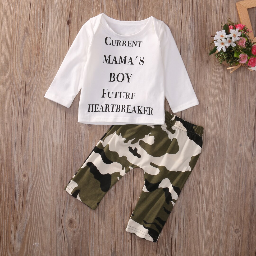 Infant Baby Boys Kids T-shirt Long Sleeve Letter Tops+Camouflage Pants Outfits Clothes Set 2PCS 0-24M - ebowsos