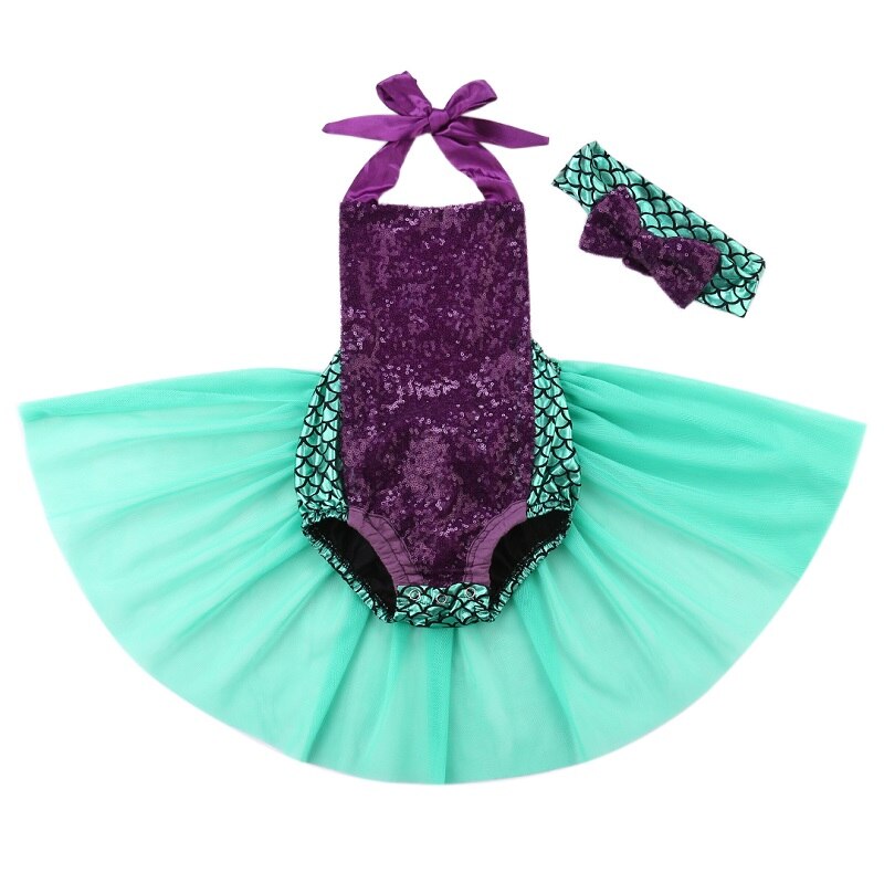 Infant Baby Girl Mermaid Sequin Tulle Bodysuit Cute Sleeveless Jumpsuit Outfit Set Summer - ebowsos