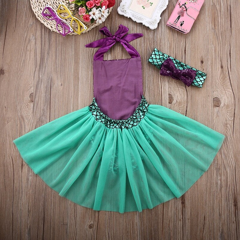 Infant Baby Girl Mermaid Sequin Tulle Bodysuit Cute Sleeveless Jumpsuit Outfit Set Summer - ebowsos