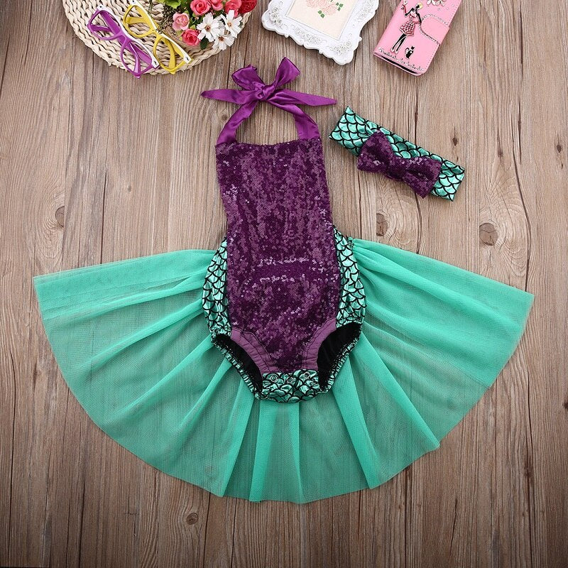 Infant Baby Girl Mermaid Sequin Tulle Bodysuit Cute Sleeveless Jumpsuit Outfit Set Summer - ebowsos