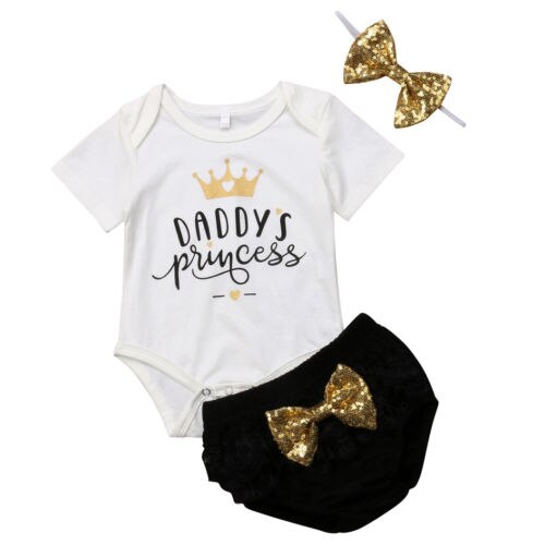 Infant Baby Girls Romper Tops Short Sleeve Bodysuit Tutu Pants Bow Shorts Outfits Clothes 3Pcs Sets - ebowsos