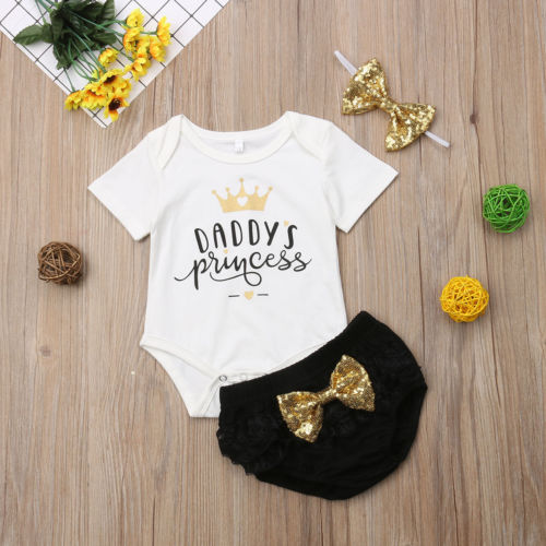 Infant Baby Girls Romper Tops Short Sleeve Bodysuit Tutu Pants Bow Shorts Outfits Clothes 3Pcs Sets - ebowsos