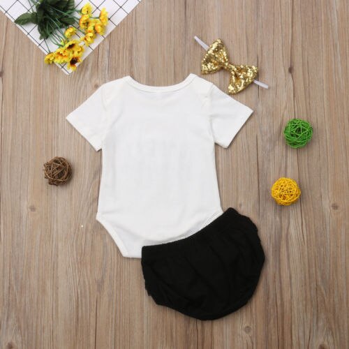 Infant Baby Girls Romper Tops Short Sleeve Bodysuit Tutu Pants Bow Shorts Outfits Clothes 3Pcs Sets - ebowsos