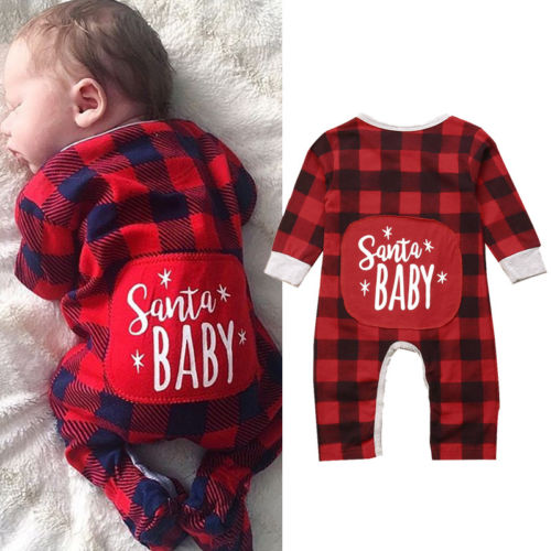 Infant Baby Kids Girls Boys Santa Baby Long Sleeve Romper Jumpsuit Pajamas Outfits Autumn Plaid Clothing - ebowsos