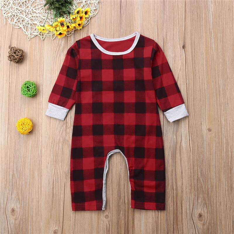 Infant Baby Kids Girls Boys Santa Baby Long Sleeve Romper Jumpsuit Pajamas Outfits Autumn Plaid Clothing - ebowsos