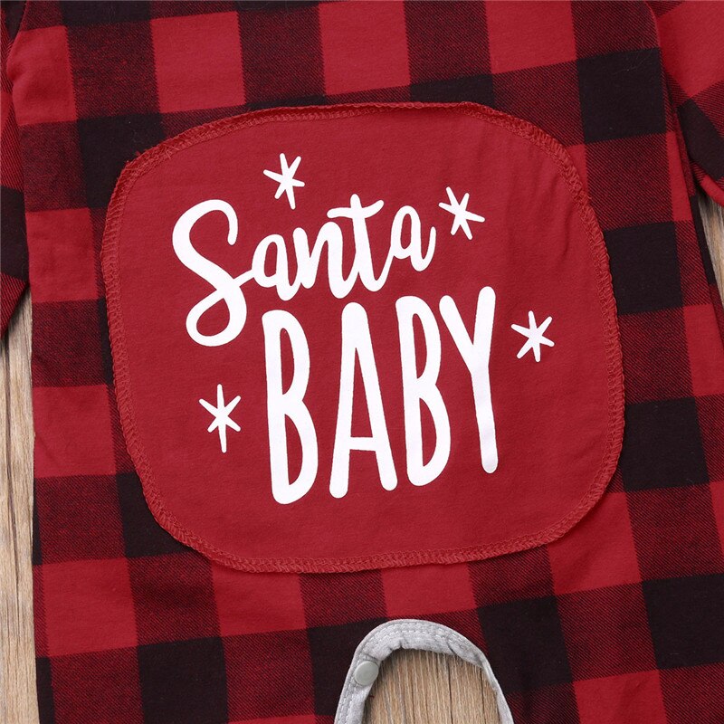 Infant Baby Kids Girls Boys Santa Baby Long Sleeve Romper Jumpsuit Pajamas Outfits Autumn Plaid Clothing - ebowsos