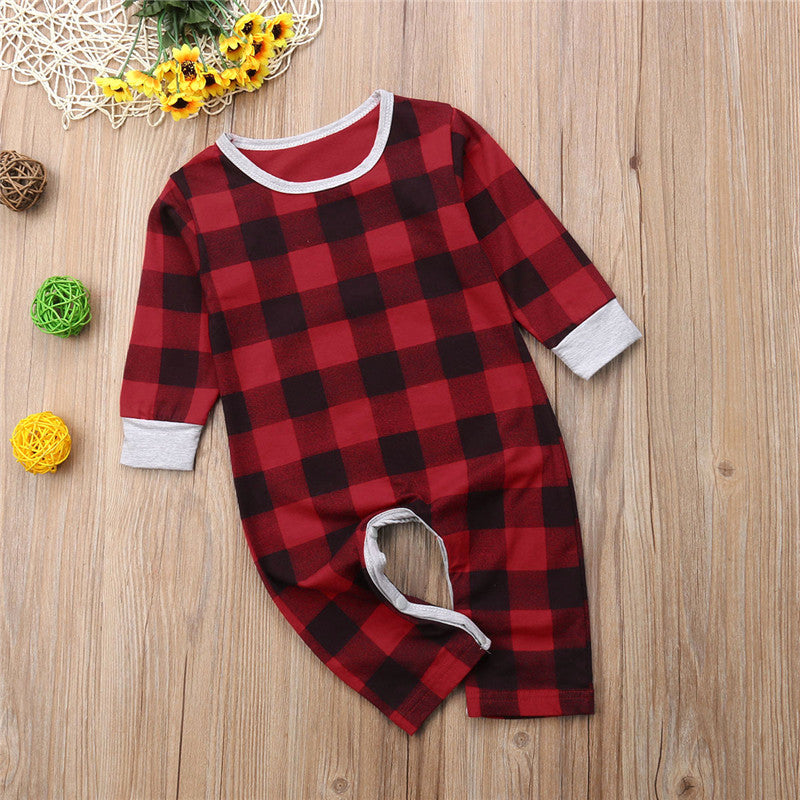 Infant Baby Kids Girls Boys Santa Baby Long Sleeve Romper Jumpsuit Pajamas Outfits Autumn Plaid Clothing - ebowsos