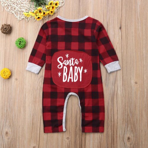 Infant Baby Kids Girls Boys Santa Baby Long Sleeve Romper Jumpsuit Pajamas Outfits Autumn Plaid Clothing - ebowsos