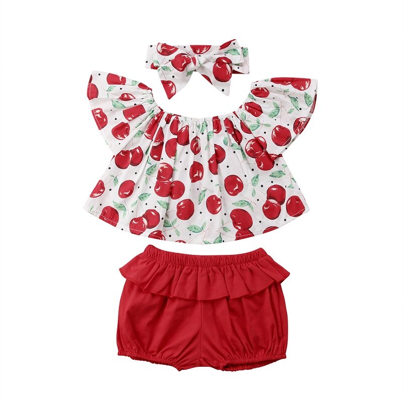 Infant Baby Kids Girls Cherry Print Outfits Off Shoulder Ruffled T-Shirt Tops+Shorts Pants 3pcs Set - ebowsos