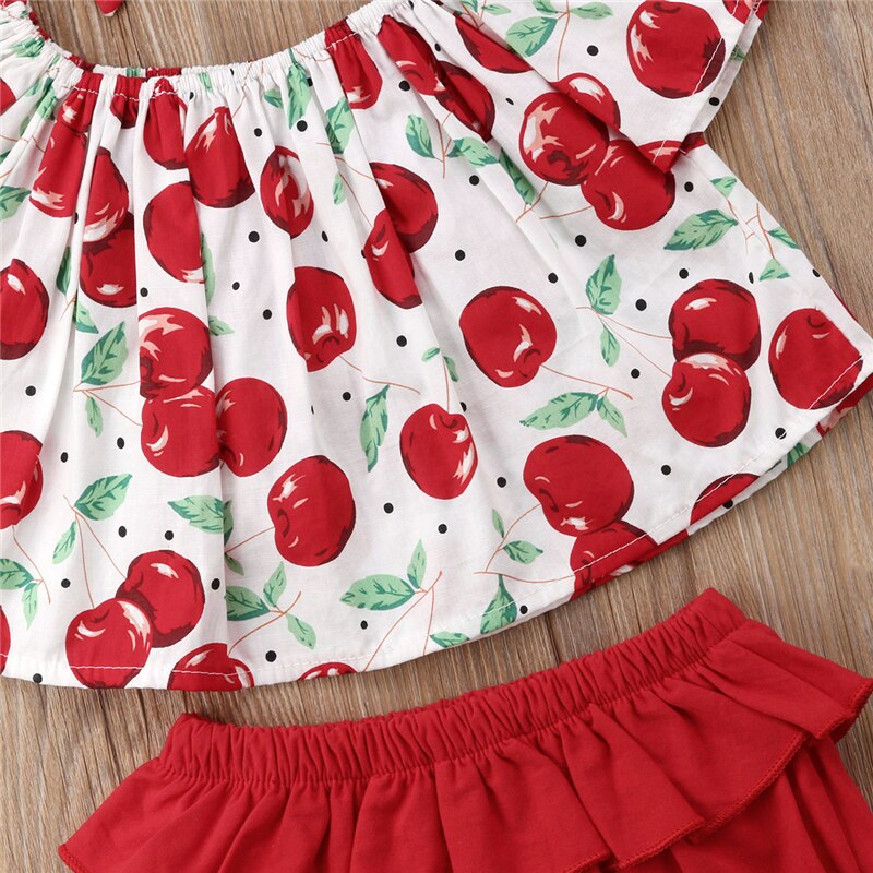 Infant Baby Kids Girls Cherry Print Outfits Off Shoulder Ruffled T-Shirt Tops+Shorts Pants 3pcs Set - ebowsos