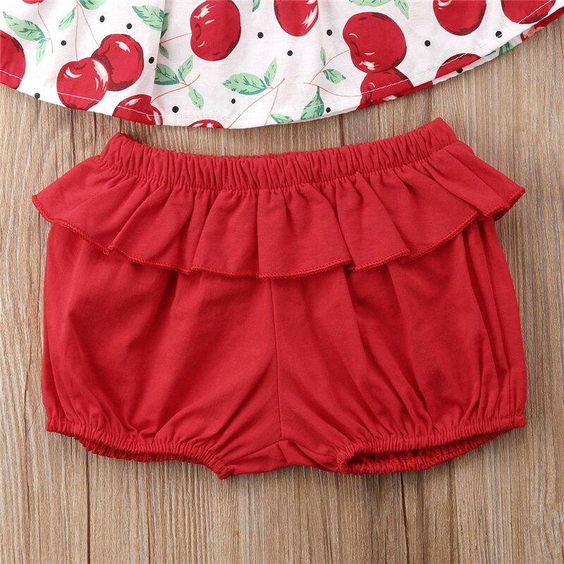 Infant Baby Kids Girls Cherry Print Outfits Off Shoulder Ruffled T-Shirt Tops+Shorts Pants 3pcs Set - ebowsos