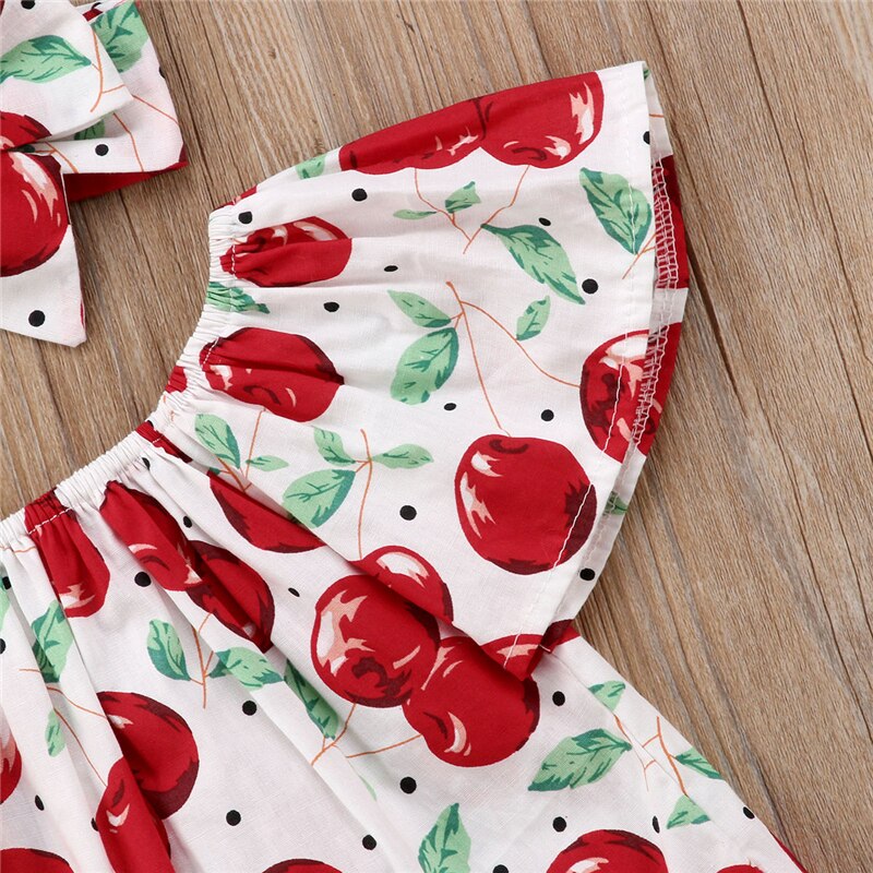 Infant Baby Kids Girls Cherry Print Outfits Off Shoulder Ruffled T-Shirt Tops+Shorts Pants 3pcs Set - ebowsos