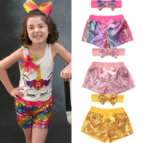 Infant Kids Baby Girl Bow-Knot Party Bling Shorts Bottoms Sequin Pants 2PCS Set - ebowsos