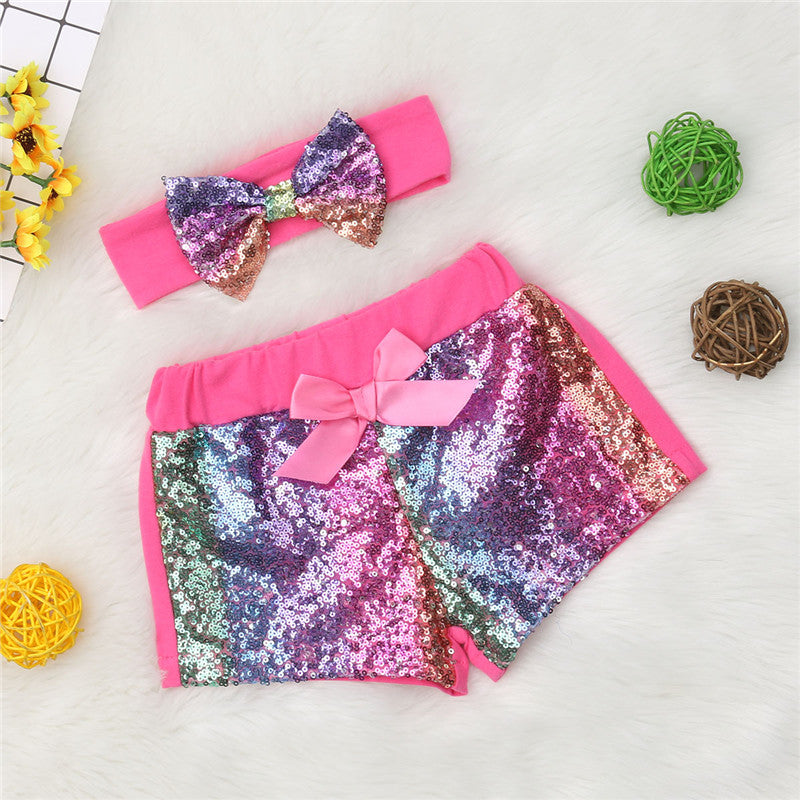 Infant Kids Baby Girl Bow-Knot Party Bling Shorts Bottoms Sequin Pants 2PCS Set - ebowsos