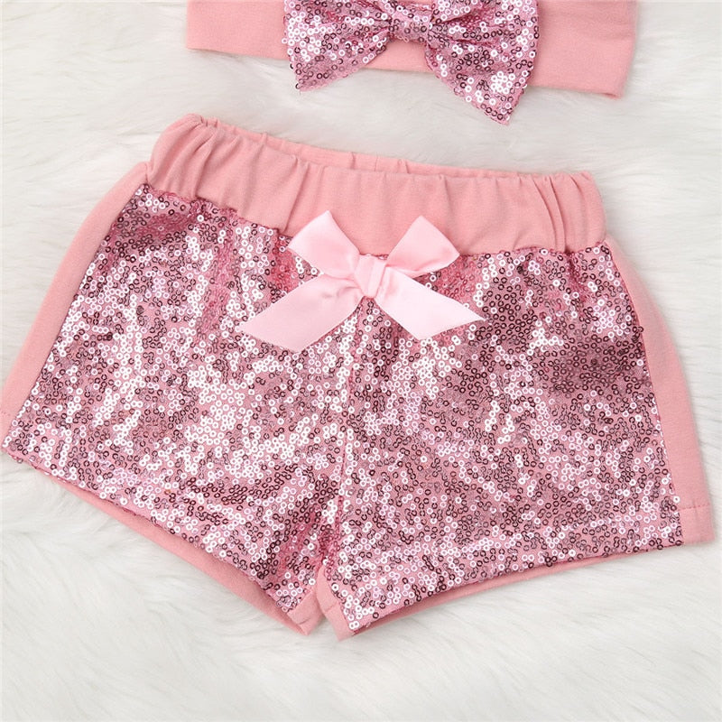 Infant Kids Baby Girl Bow-Knot Party Bling Shorts Bottoms Sequin Pants 2PCS Set - ebowsos