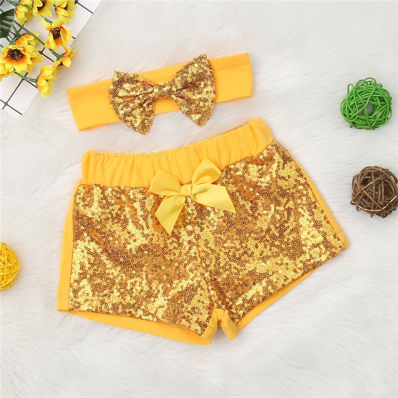 Infant Kids Baby Girl Bow-Knot Party Bling Shorts Bottoms Sequin Pants 2PCS Set - ebowsos