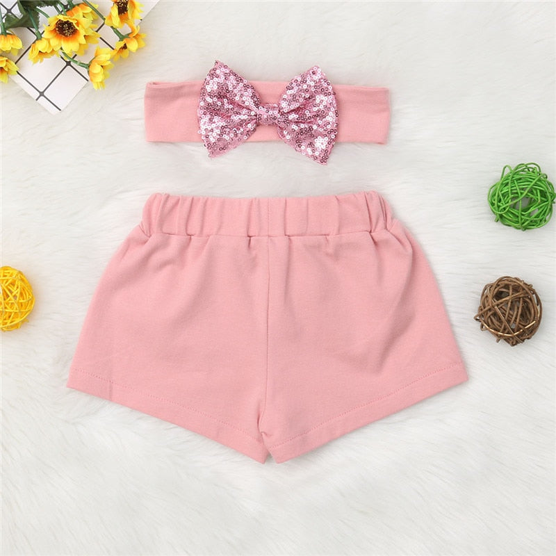 Infant Kids Baby Girl Bow-Knot Party Bling Shorts Bottoms Sequin Pants 2PCS Set - ebowsos