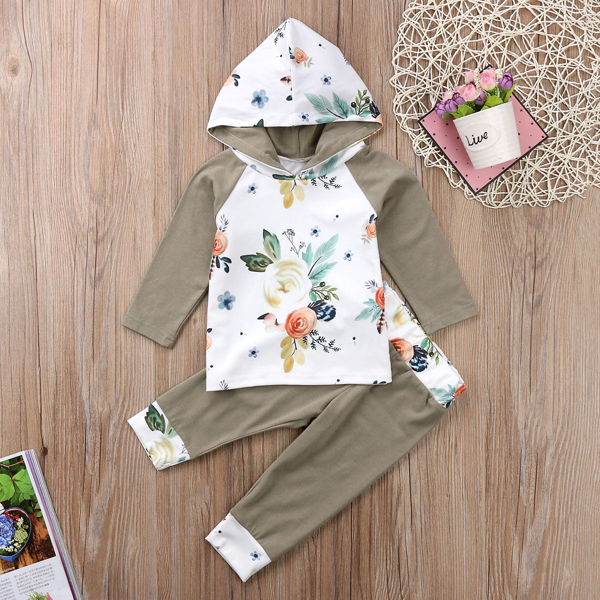 Infant Kids Baby Girl Boy Flower Floral Hooded Long Sleeve Cotton Top Pants 2Pcs Outfit Set Clothes - ebowsos