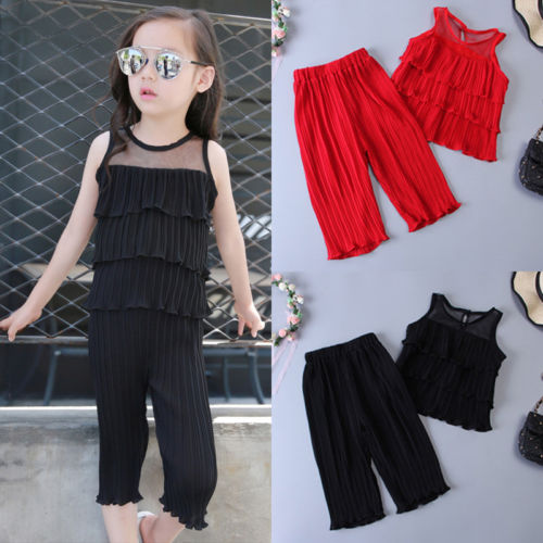 Infant Kids Baby Girls Rib Outfits Chiffon Solid Sleeveless Ruffles Vest Tops+Long Pants Summer Fashion Sets 2-8Y - ebowsos