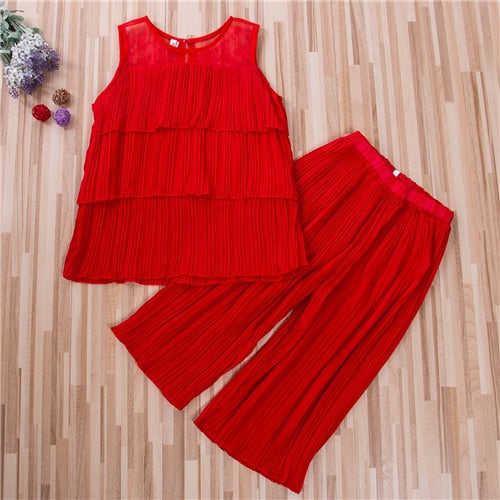 Infant Kids Baby Girls Rib Outfits Chiffon Solid Sleeveless Ruffles Vest Tops+Long Pants Summer Fashion Sets 2-8Y - ebowsos