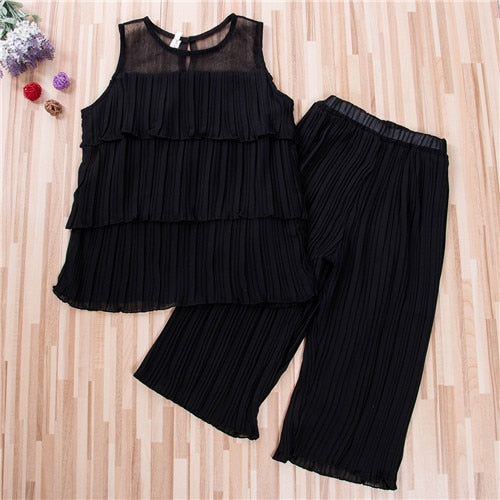 Infant Kids Baby Girls Rib Outfits Chiffon Solid Sleeveless Ruffles Vest Tops+Long Pants Summer Fashion Sets 2-8Y - ebowsos