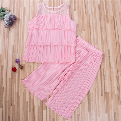 Infant Kids Baby Girls Rib Outfits Chiffon Solid Sleeveless Ruffles Vest Tops+Long Pants Summer Fashion Sets 2-8Y - ebowsos