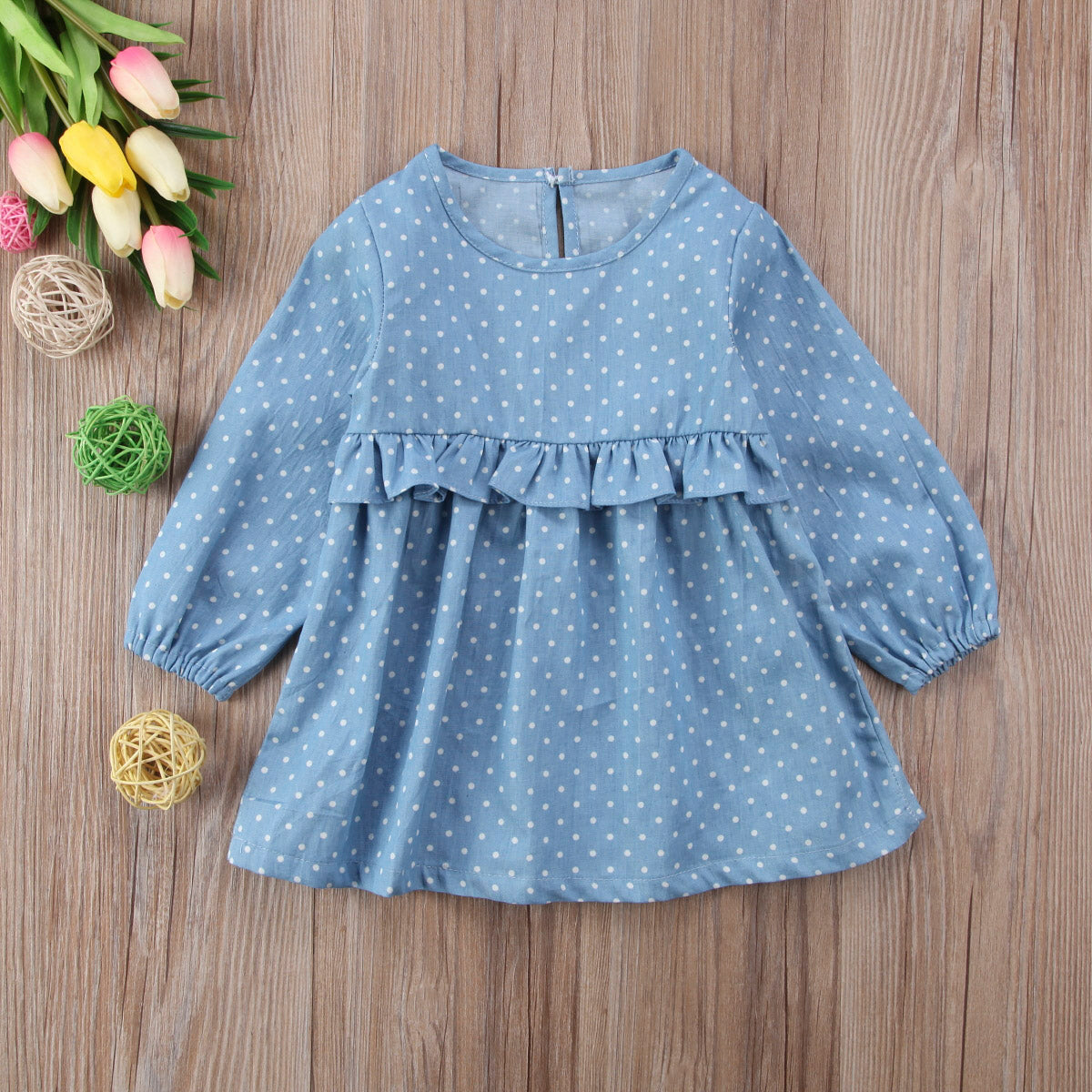 Infant Toddler Baby Girls Kids Denim Dress Princess Party Dot Tutu Tulle Dresses - ebowsos