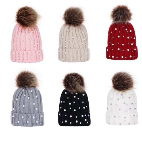 Kid Baby Boy Girl Winter Hats Warm Wool Cap Princess Bobble Pearl Knitting Ball Hat Casual Hats Kids Baby - ebowsos