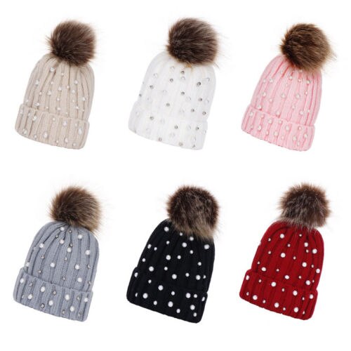 Kid Baby Boy Girl Winter Hats Warm Wool Cap Princess Bobble Pearl Knitting Ball Hat Casual Hats Kids Baby - ebowsos