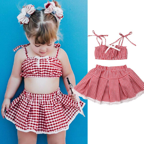 Kid Baby Girl Plaid Clothes Sets Sleeveless Strap Crop Top Shorts Skirts 2Pcs Outfit Set - ebowsos