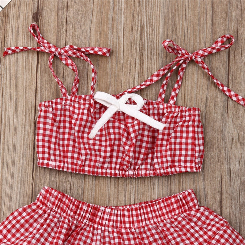 Kid Baby Girl Plaid Clothes Sets Sleeveless Strap Crop Top Shorts Skirts 2Pcs Outfit Set - ebowsos